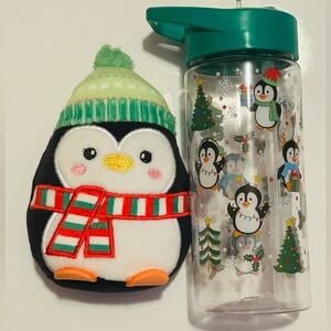NEW!! Festive Christmas Water Bottle & Matching Embroidered Mini Plush Set-(NWT)
